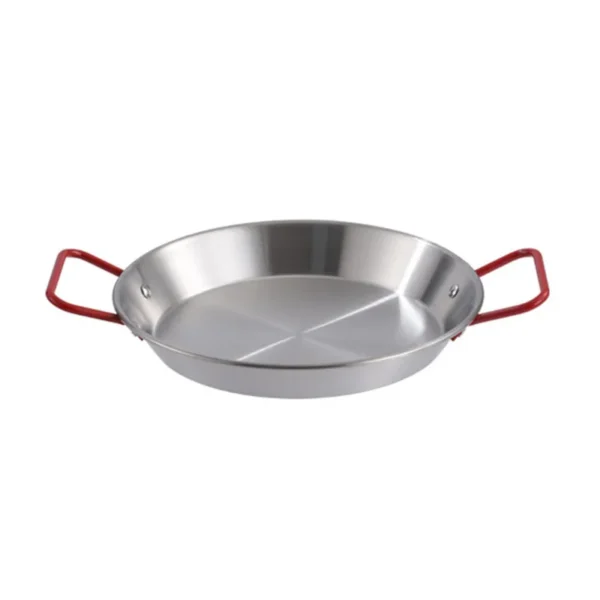 poêle à paella couleur argent avec oreilles rouges